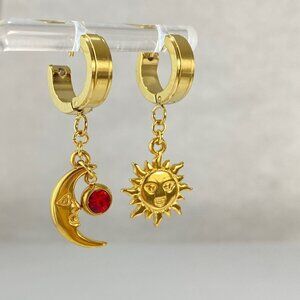 Sun & Moon Huggie Earrings with Birthstone - Handmade